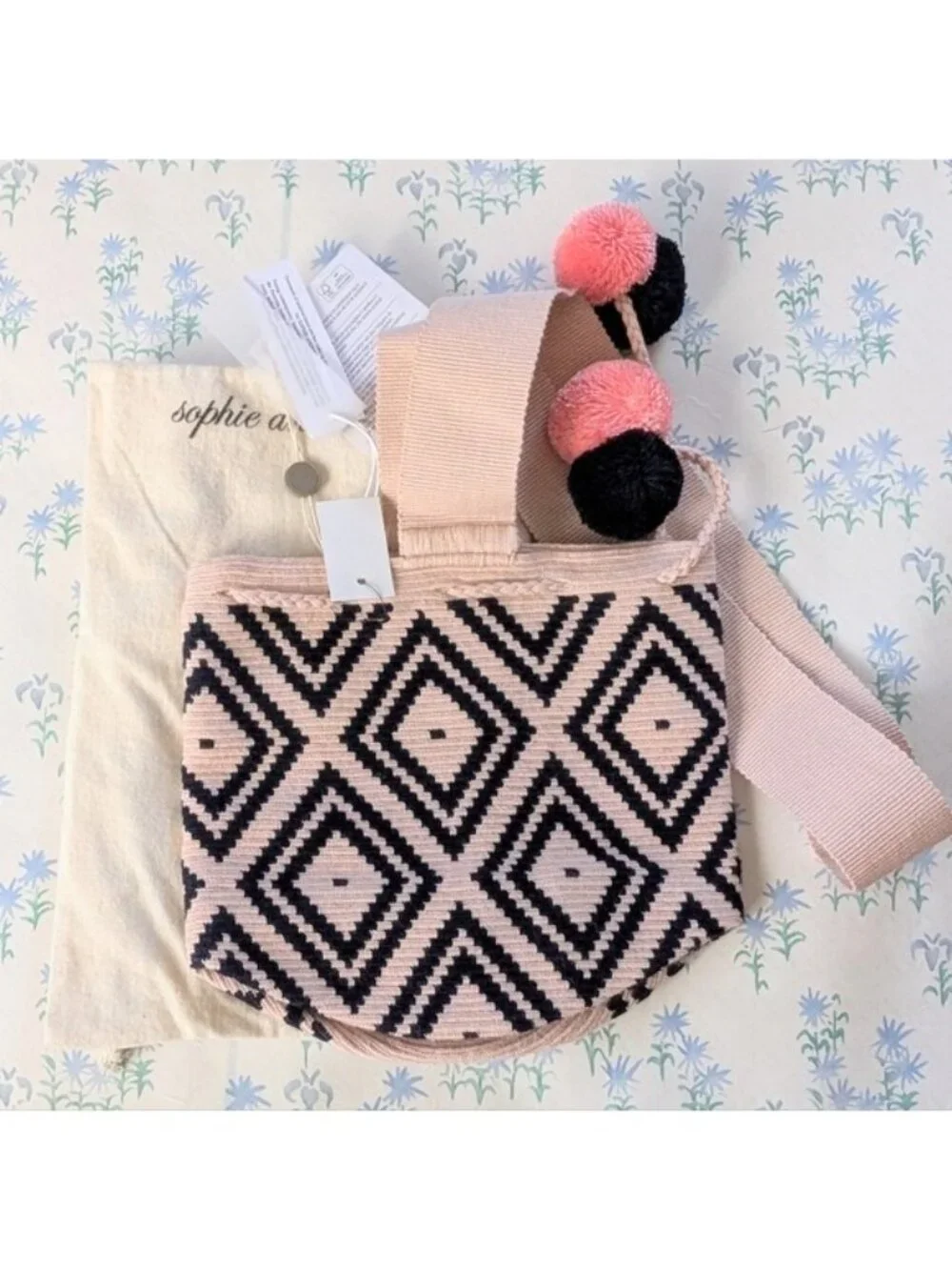 Sophie Anderson Lila Pom Pom Bucket Bag NEW Pink Blue Woven Boho Beachy Travel